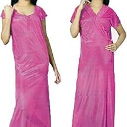 Women Satin 2pc Nighty & Over Coat Daily Nightwear Set (2180D Pink) Hot Bedroom Dress-image-64