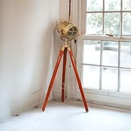 Vintage Tripod Floor Lamp, Industrial Nautical Style Spotlight, Wooden Legs, Gold Metal Finish-12