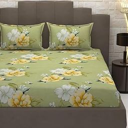 Vram Premium Heavy Cotton Elastic Fitted Bedsheets with 2 King Size Pillow Covers || Double Bed with All Around Elastic 350 TC || 72 x 78 x 10 Inch King Size Fitted || - Light Green Flower-image-68