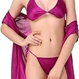 Women's Satin Solid Above Knee Length Robe with Bra and Thong (Size - Free Size) (Nightwear Set Pack of 3)-image-1