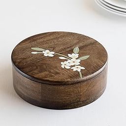 Bella Mango Wood Roti Box | Wooden Handpainted Chapati Box for Kitchen | Wooden Casserole with Handpainted Flower design Lid (Size - 8in x 8in x 3in)-image-33