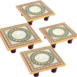 Mander Floral Art Design Marble Pooja Chowki for God | Handcrafted Marble Chowki for Puja Home Mandir, Idols Sitting, Pratima Murti (Pack of 4, Size: 4" x 4" Inch)-image-95
