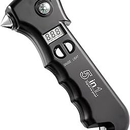 AUTOFRILL 5-in-1 Digital Tire Air Pressure Gauge Car Bike,150PSI with Multi-Functional Rescue Tools of LED Flashlight,Safety Glass Hammer, Seatbelt Cutter, Compass Function Black-0