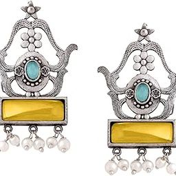 Silver Oxidised Earrings for Women & Girls | Traditional Oxidised Silver Drop Earrings Afghani Style Yellow Monalisa Stone Studded Earrings | Birthday Anniversary Gift for Wife Women-image-31