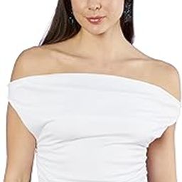 Women's Solid/Plain Asymmetric Hem Stretchable Draped Crop Top. Sleeveless, Single Shoulder, Off Shoulder, Cowl Neck, Crop Length-image-2