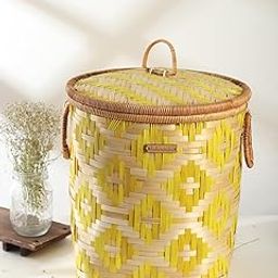 Habere India-All the Cultures Fabricating India Bamboo Laundry Baskets with Lid | Wicker Laundry Baskets | Basket for Baby Clothes | Bamboo Storage Basket (Design 02),Yellow-image-0