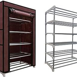 SANAMSTORE® Multipurpose Rustproof Shoe Rack Metal, Plastic Shoe Rack, Foldable Wide Storage Rack for Shoes. Toys, Easy to Move & Assemble (Rustproof)(5 Shelves)(Brown), Cm-1