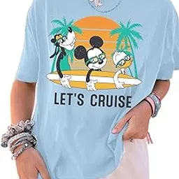 sxv style Disney Let's Cruise Graphic T-Shirt, Light Blue, Summer Beach Print-picture-3