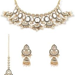 Gold Tone & Green Enamel Kundan Artificial Stones & Pearls Drop Bridal Necklace Earring & Maangtikka Set For Women-ZPFK16933-39