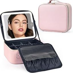 Makeup Bag with lighted Mirror, Travel Makeup Case for Women and Makeup Artists Cosmetic Organizer Large Make Up Bags with Light Up Mirror, 3 Color Lights, Adjustable Dividers and Brush Holder, Pink,-37