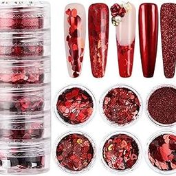 THR3E STROKES Red Christmas Nail Art Glitters Sequins, Winter Heart Nail Glitters Kit, Mixed 3D Holographic Christmas Love Shape Powder Nail Designs, Decoration Supplies for Women Manicure (6 Jars) D50-11