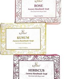 SunChem Lunaris Handmade Luxury Soap Gift Set | 3 Variants: Rose, Hibiscus & Kusum | Skin Brightening & Nourishing with Natural Oils & Herbs | 3 x 100g Bars for Men & Women-image-63