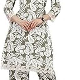 Womens Floral Printed Green Cord Set with Sweetheart Neck & Lace Trim-image-34
