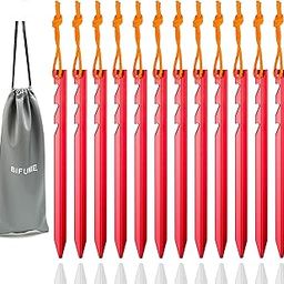 BIFUNIE Aluminum Tent Stakes Pegs, 12-Pack Aluminum Ground Pegs with Reflective Pull Ropes, Heavy Duty Tri-Beam Metal Stakes Pegs for Backpacking Camping Tents Hammocks and Canopy (Red)-picture-14