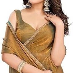 Women's Shimmer Chiffon soft silk two tone saree with Lace Boarder Shiny Stone and Diamond Work Saree With Unstitched Blouse Piece(5.5 mt Saree with 0.8 mt blouse piece)-picture-24