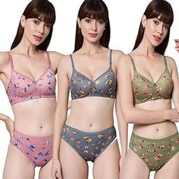Set of 3 Women's Cotton Solid Padded Bra & Panty Set | Sexy Lingerie Set for Bridal | Honeymoon Bikini Set for Girls & Women - Adjustable Straps (B)-image-25
