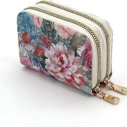 Women's Zip-Around Wallet with Flower Pattern, multi-card slots and Coin Holder(Red)-55