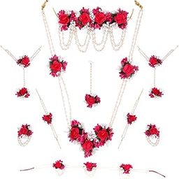 Latest Pink and White Bridal Flower Jewellery Set for Haldi Gota Patti Necklace Earrings, Bracelet & Maang Tika for Women & Girls (Mehandi/Haldi/Wedding/Bridal/Baby Shower).-12