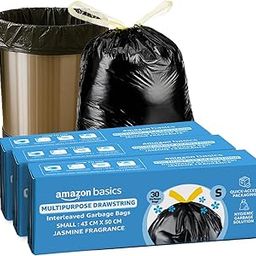 Amazon Basics Multipurpose Drawstring Garbage Bags | Small | 120 Bags | 30 Bags x Pack of 4 | Heavy Duty Garbage Bag | Jasmine Fragrant Garbage Bag | Odour Control | No Tear Removal-0