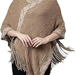 Women's Three-Quarter Sleeves V-Neck Chevron Brown Poncho-017_Brown-image-39