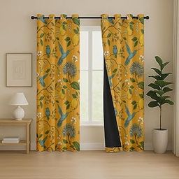 BFAM Floral Print 100% Blackout Curtain with Black Linning at Back, Floral Print Curtains for Living Room/Bedroom Thermal Insulated Energy Saving, Yellow Bird, 5FT, Set of 2-image-52