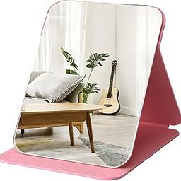 ONICORN Folding Makeup Mirror - Portable Small Size PU Leather Travel Mirror, Exquisite HD Round Edge Corner Glass, Adjustable Angle Vanity Mirror with Stand (Pink Pack of 1)-48