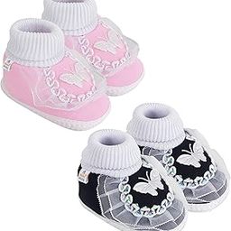 6 To 12 Months Baby Girls Set of 2 Pair Butterfly Baby Booties/Shoes (Baby Pink,Black)-SK179andSK176-picture-46
