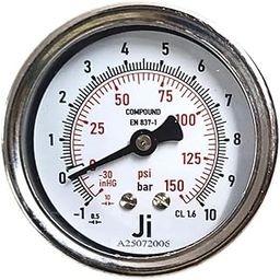 "Ji" Japsin Instrumentation Economical Compound Gauge, 2 1/2" Dial (63 mm), Range -1 to 10.6 Bar with Dual Scale of 150 PSI, Direct Mounting Back Entry, 1/4" BSP (M) Connection, SS Body-14