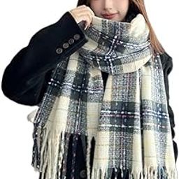 Winter Warm Long Stoles Shawls Long Big Checked Scarves Woolen Women Casual Scarf Soft Wrap for Casual Formal Occassions 200CM*70CM (Green Khadi)-image-79