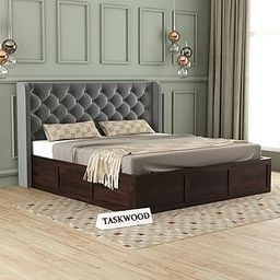ROSLER WOODWORK Solid Sheesham Wood Queen Size Bed with Storage | Wooden Double Bed Cot Bed with Box Storage & Velvet Upholstered Cushioned Headboard for Bedroom (Walnut C, Queen)-image-98