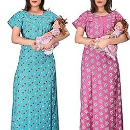 Cotton Feeding Nighty Combo in Mix Cotton with 2 Side Zips for Baby Feeding Purpose & Neck Buttons for Comfortable Wearing. Baby Feeding, Maternity Nighty Combo, Feeding Nighty Combo Pack of 2-image-11