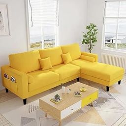 FURNY Alizoza 4 Seater Fabric RHS Sectional L Shape Sofa Set (Yellow)-image-65