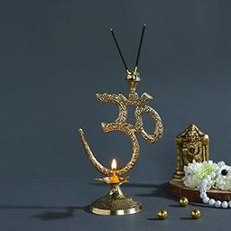 CraftVatika Om Symbol Design with Brass Diya Oil Lamp with Incense Holder, Brass Diya with Agarbatti Stand, Golden, (7 Inches Height)-23