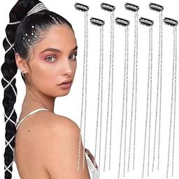 FAMEZA 6 PCS Pieces Long Rhinestone Hair Chains,Punk Tassel Hair Clips Hair Extension 20 Inch Head Chain Silver Hair Clip Hairpin for Women and Girls Nightclub Party Daily Headwear-44
