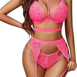 Women's Floral Lace Lingerie Set with Choker, 3-Piece Bralette and Garter Belt Set-image-79