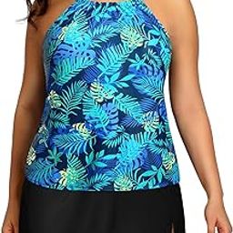 Women Two Piece Plus Size Tankini with Skirt Tummy Control Bathing Suits High Neck Swimsuits, Blue Leaf and Black, 16 Plus-picture-10