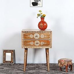 APRODZ Hand-Painted Wooden Side Table – Elegant Portable End Table with Drawer Storage for Home, Bedroom & Living Room (Natural Finish)-10