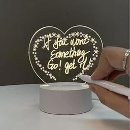 GOHARI 3D Acrylic LED Writing Board with USB Base Rewritable Note Display Panel with Stand Dry Erase Clear Message Surface and Pen for Bedroom Desk Table Night Study Setup (Heart Shape LED)-6