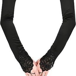 SAVITA Fingerless Long Black Gloves Pierced Elbow Length Satin Gloves 19" Stretchy Opera Evening Party 1920s Gloves for Women-image-8