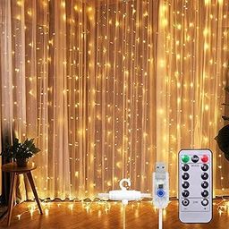 One94Store Fairy Curtain String Lights Warm White 300 LED with 8 Modes Remote Control, Adjustable Brightness and USB Plug for Indoor Outdoor Decoration (Warm White Color, 3 X 3 Meter) Plastic-19