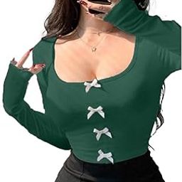 Solid Lace Trim Bow Front Scoop Neck Long Sleeve Western Y2k Ribbed Tops for Women-image-44
