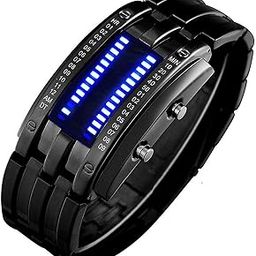 Stainless Steel Binary Matrix Blue Led Digital Waterproof Watch Mens Classic Creative Fashion Black Plated Wrist Watches-image-71