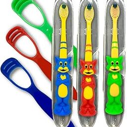 BigBro Kids Manual Toothbrush Extra Soft Bristles With Toothbrush Case Cover Cartoon Shape Age 2+ Super Saver Pack Of 3 Plus 3 Kids Tongue Cleaners,Multicolor-23