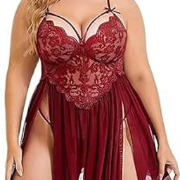 Tejasvi Enterprises Plus Size Lingerie Lace Babydoll Womens Strap Chemise Nightgown V Neck Nighty Mesh Sleepwear Side Slit Nightdress with G-Sting Panty-image-99