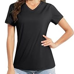 Women's Rash Guard Short Sleeve V Neck UPF 50+ Sun Protection Clothing Quick Dry UV SPF Swim Shirts, Black, L-image-92