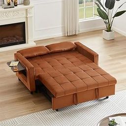 Eiraluxify Foldora 2-in-1 Sofa Cum Bed | Pull-Out Sleeper Couch with Side Storage Tray & Tufted Cushions | Velvet Finish | Compact Living Room Furniture (Brown) (Orange)-image-10