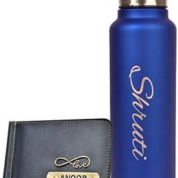 Personalized Vegan Leather Money Clip and Water Bottle | Unisex Combo with Name | Customized with Name and Charm (Blue)-image-8