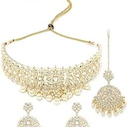 Treasured Gold Plated White Kundan & Beads Choker Necklace Set With Earring And Maangtika | Jewellery Set For Women (NS105526)-37