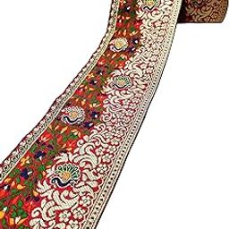 FRIJVEN Jacquard Woven Fabric Heavy Design Decorative Lace Border Ribbon for Saree, Dress, Dupatta, Kurti, Lehenga - 9cm Width (9 Meter, Golden, Red)-picture-6