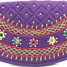 Women Pocket Purse Girls Stylish, Cotton Ladies Clutches Purses Phone case (Mini Wallet 6.5 Inch Original Mirror Beads and Thread Work Handmade) (Purple Color mini Purse)-image-57